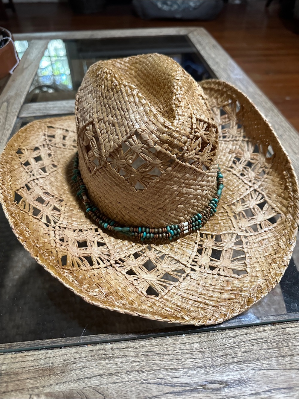 Scale Raffia Cowboy Hat with Turquoise & Brown Bead Trim